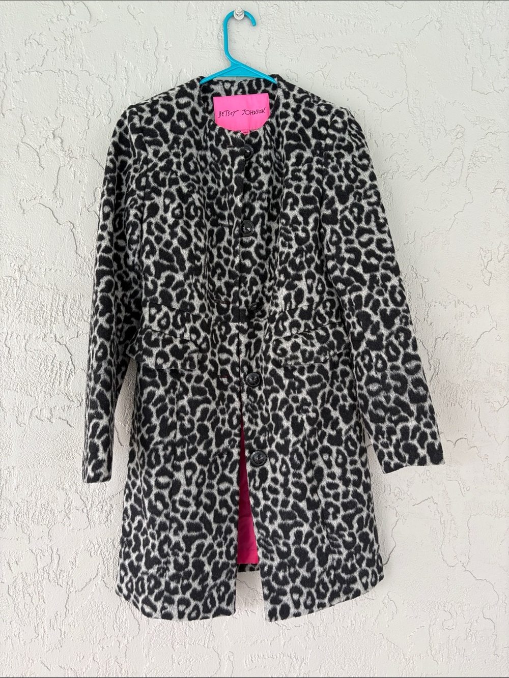 Betsey Johnson Black & White Leopard-Print Pea Coat